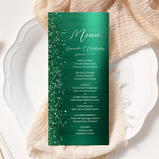 Glam Emerald Green Glitter Brushed Metal Wedding Menu (Creator Uploaded)