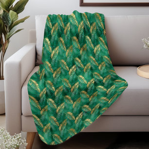 Glam Emerald Green Gold Tropical Foliage Sherpa Blanket