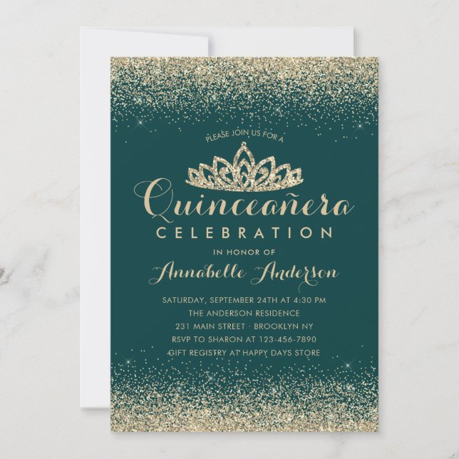 Glam Emerald Green Quinceañera Gold Tiara Glitter Invitation (Front)