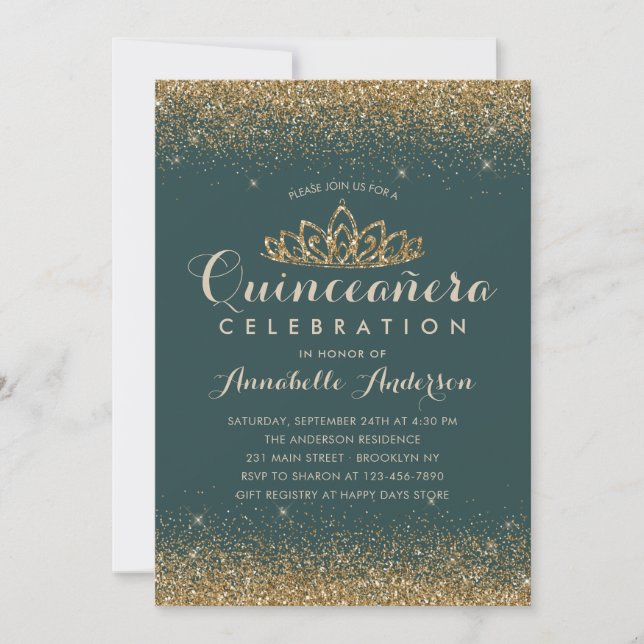 Glam Emerald Green Quinceañera Gold Tiara Glitter Invitation (Front)