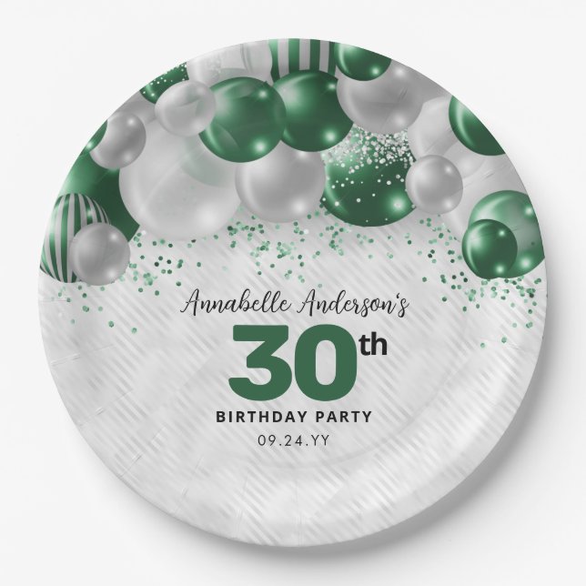 Glam Emerald Green Silver Balloon Glitter Birthday Paper Plate (Front)
