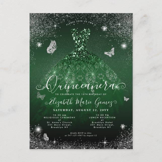 Glam Emerald Green Silver Glitter Gown Quinceanera Postcard (Front)