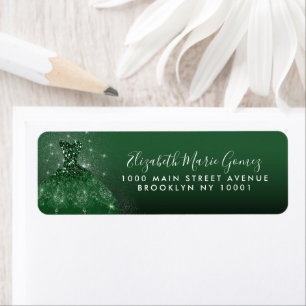Glam Emerald Green Silver Glitter Gown Quinceanera Return Address Label