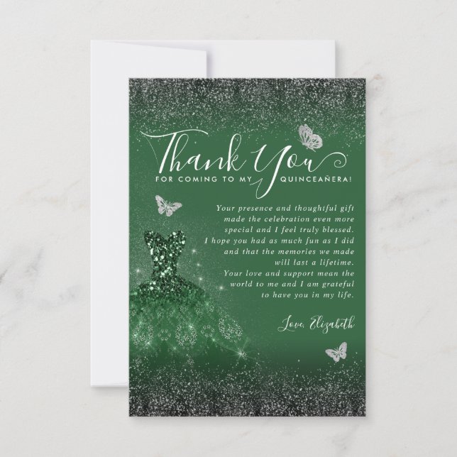 Glam Emerald Green Silver Glitter Gown Quinceanera Thank You Card (Front)