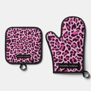 Glam Exotic Kitchen: Pink Leopard Print Oven Mitt & Pot Holder Set
