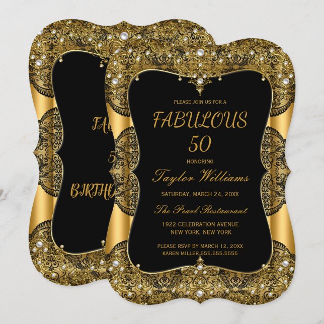 Glam Fabulous 50 Party Black Lace Pearl Gold Invitation (Front/Back)