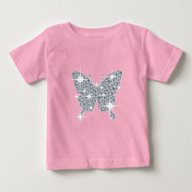 Glam faux diamond sparkle butterfly on baby pink baby T-Shirt (Front)