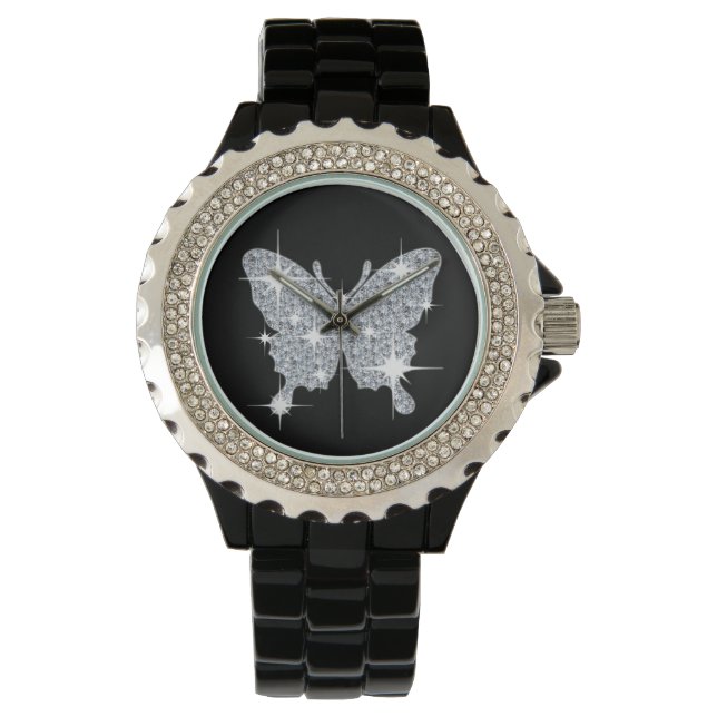 Glam faux diamond sparkle butterfly on black watch (Front)