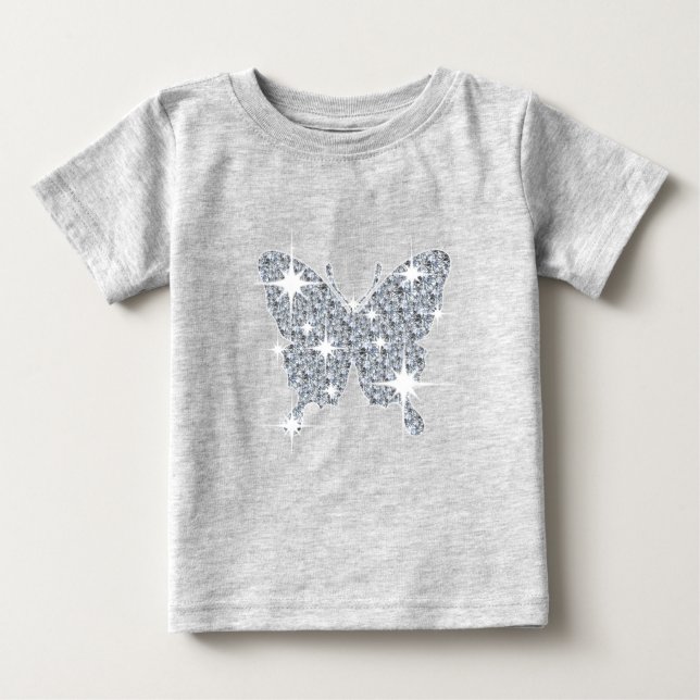 Glam faux diamond sparkle butterfly on gray baby T-Shirt (Front)