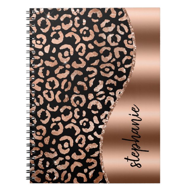 Glam Faux Foil Leopard Spots Rose Gold Black Name Notebook (Front)