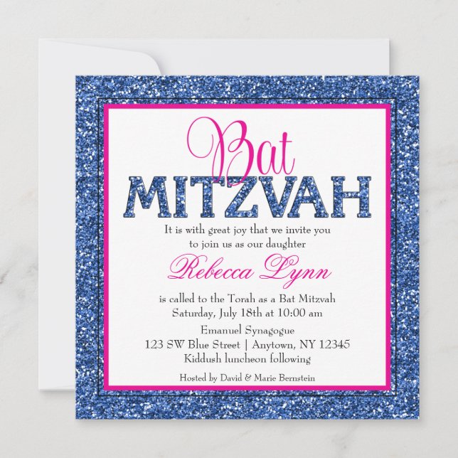 Glam Faux Glitter Navy Blue Pink Bat Mitzvah Invitation (Front)