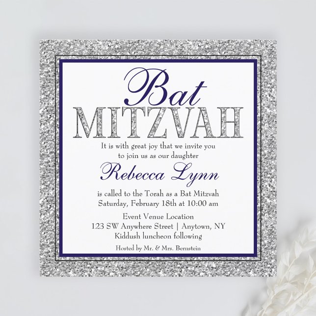 Glam Faux Glitter Silver Navy Blue Bat Mitzvah Invitation (Creator Uploaded)