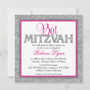 Glam Faux Glitter Silver Pink Bat Mitzvah Invitation