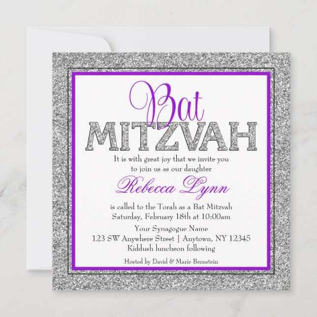 Glam Faux Glitter Silver Purple Bat Mitzvah Invitation (Front)