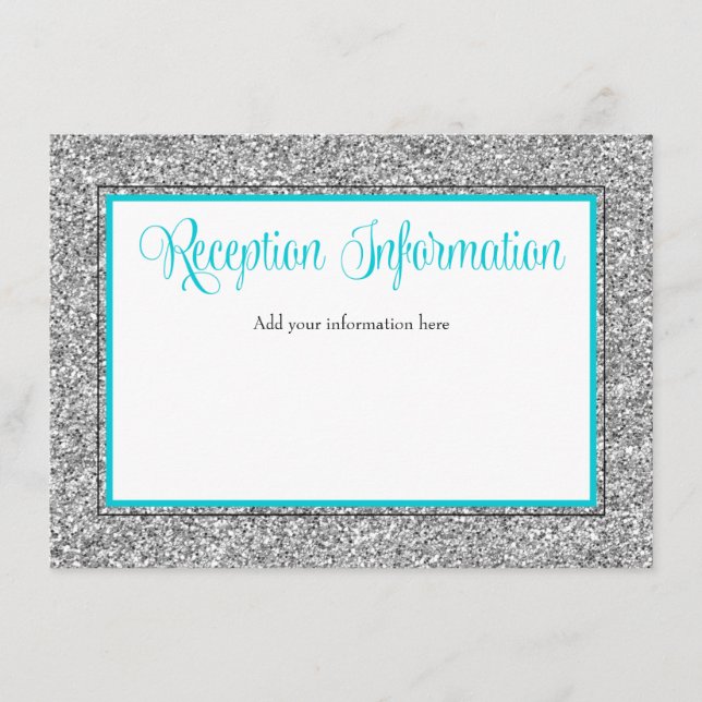 Glam Faux Glitter Silver Teal Reception Enclosure Card (Front)