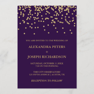 Glam Faux Gold Confetti and Deep Purple Wedding Invitation
