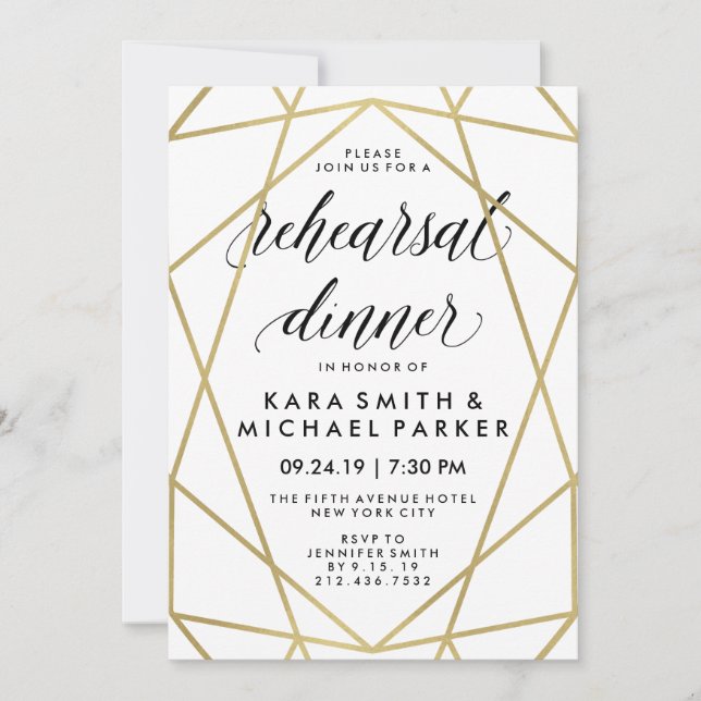 Glam Faux Gold Geometric Wedding Rehearsal Dinner Invitation (Front)