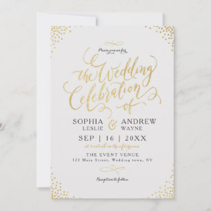 Glam faux gold glitter calligraphy vintage wedding invitation