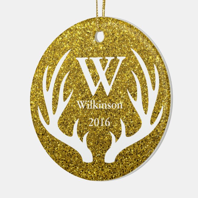 Glam Faux Gold Glitter Deer Antlers Family Name Ceramic Ornament (Left)