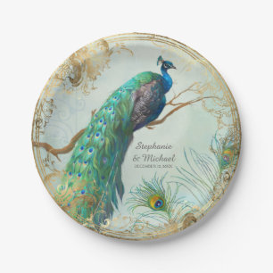 Glam Faux Gold Leaf Peacock on Tree Branch Elegant Paper Plate