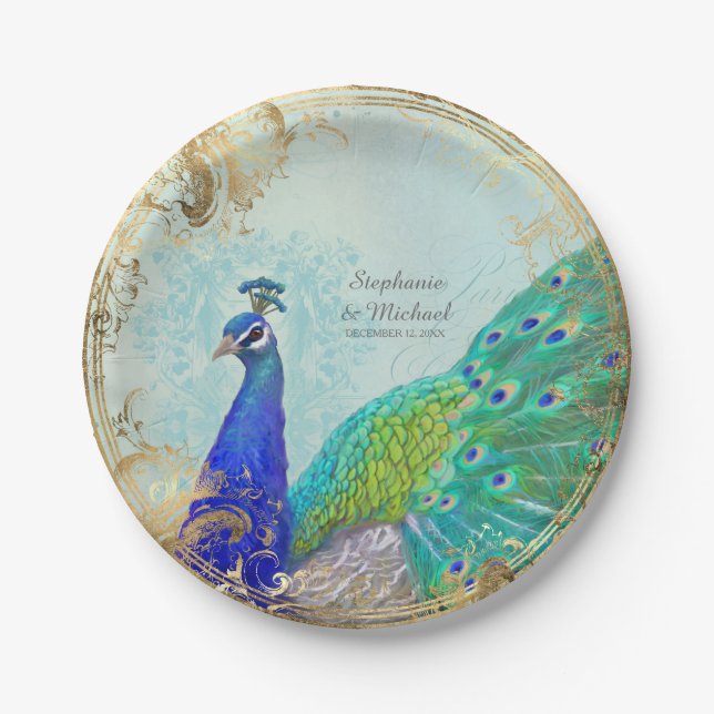 Glam Faux Gold Leaf Peacock Tail Feathers Scroll Paper Plate (Front)