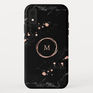 Glam Faux Gold Look on Black Marble   Monogram iPhone XR Case