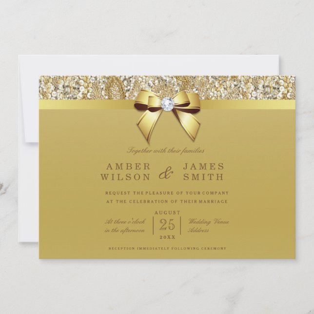 Glam Faux Gold Sequins and Bow Wedding Invitation (Front)