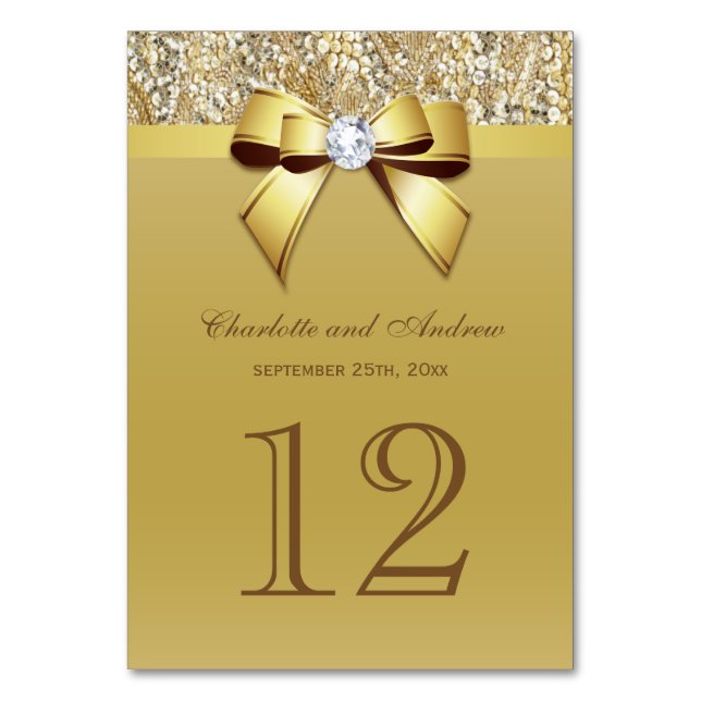 Glam Faux Gold Sequins Bow Wedding Table Number (Front)