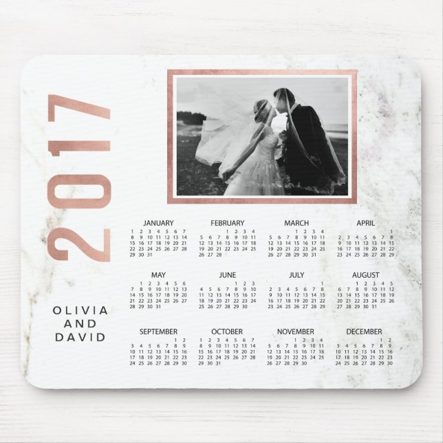 Glam Faux Rose Gold and Marble 2017 Photo Calendar Mouse Pad (Front)