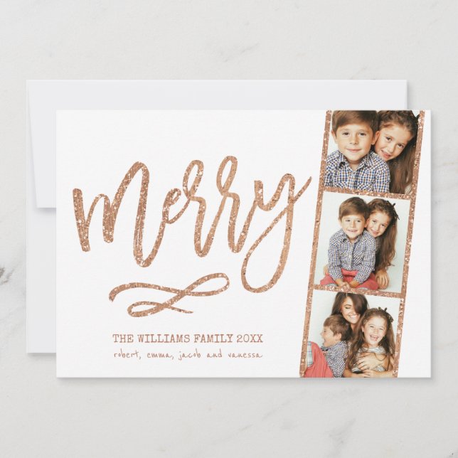 Glam Faux Rose Gold Glitter 3-Photo Booth Holiday Card (Front)