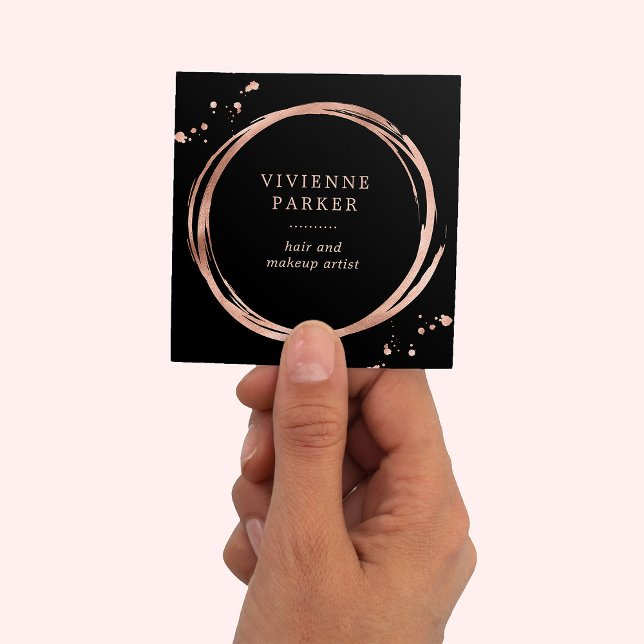 Glam Faux Rose Gold Look on Black Square Business Card (Creator Uploaded)