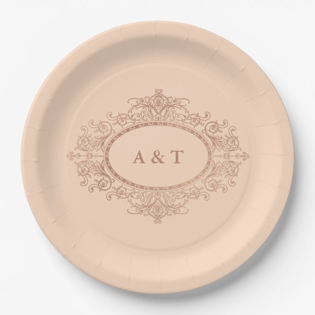 Glam Faux Rose Gold on Blush Pink Wedding Monogram Paper Plate (Front)