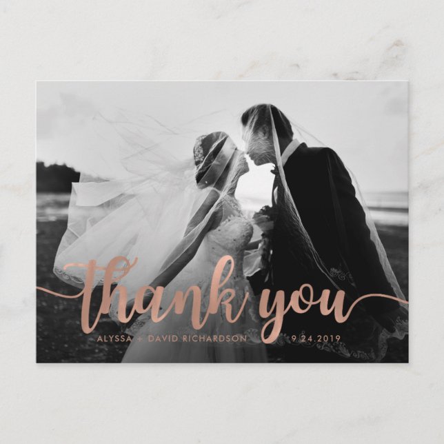 Glam Faux Rose Gold Wedding Photo Thank You Postcard (Front)
