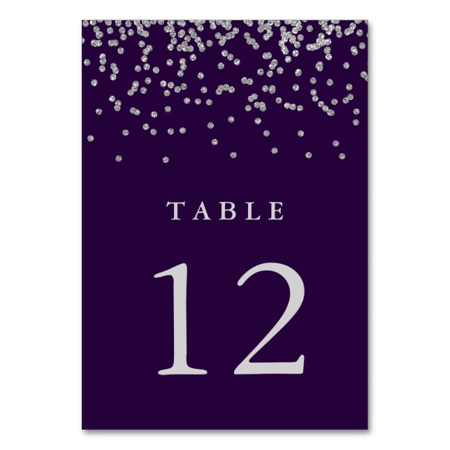 Glam Faux Silver Confetti on Deep Purple Table Number (Front)