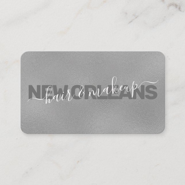 Glam Faux Silver Foil Calligraphy Hair Stylist Business Card (Front)