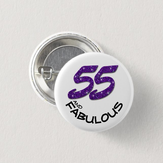 Glam Fifty-Five Purple Glitter Happy Birthday 3 Cm Round Badge (Front & Back)