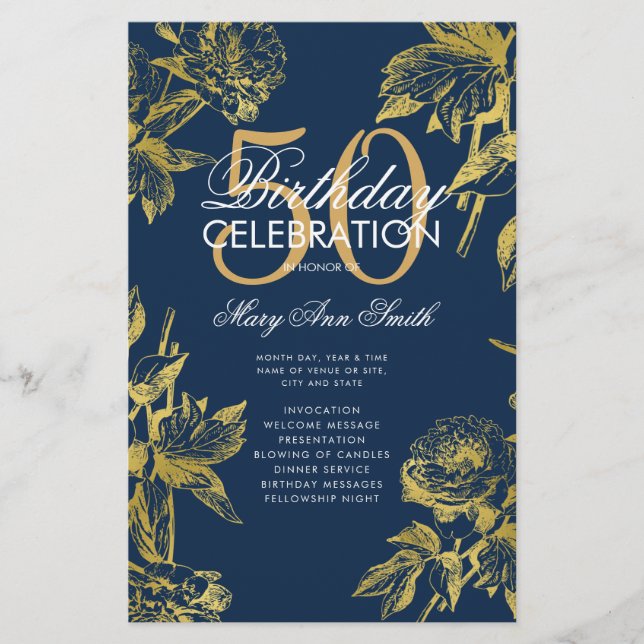 Glam Floral 50th Birthday Program Gold Navy Menu (Front)