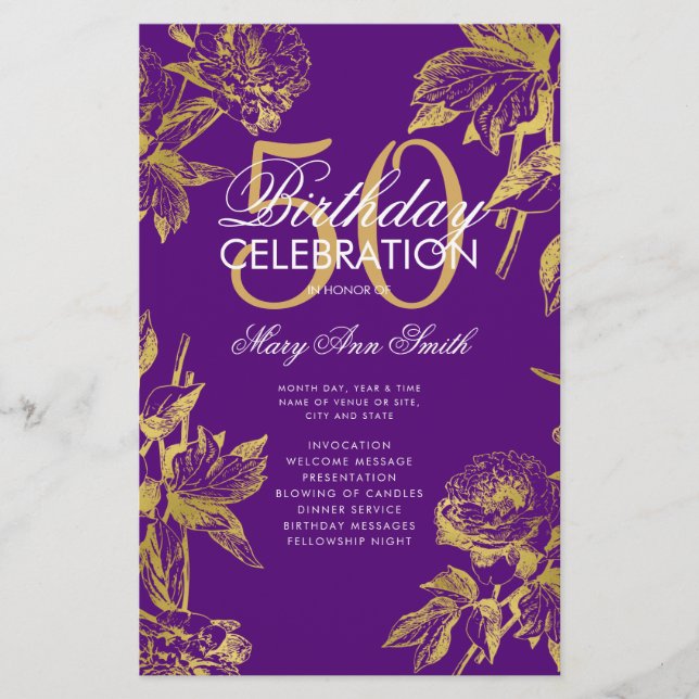 Glam Floral 50th Birthday Program Gold Purple Menu (Front)