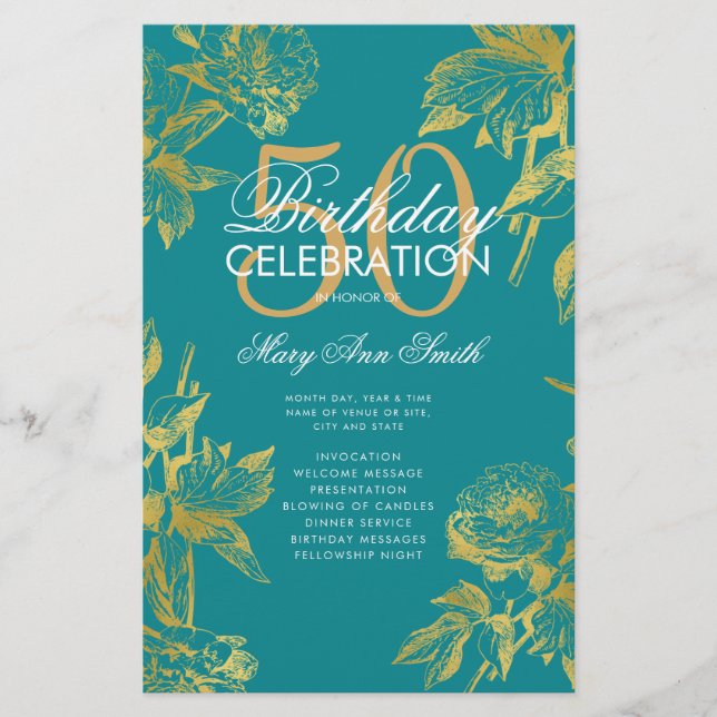 Glam Floral 50th Birthday Program Gold Teal Menu (Front)