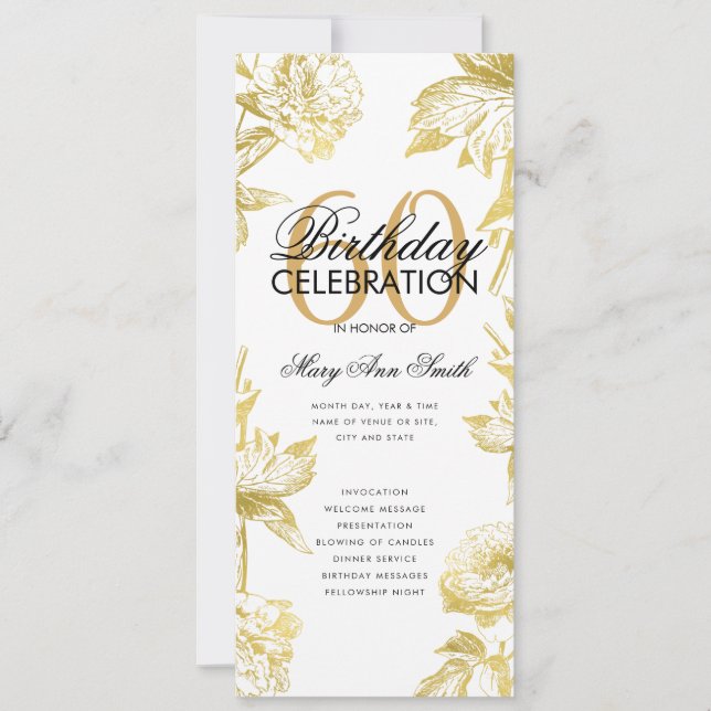 Glam Floral 60th Birthday Program Gold Menu (Front)