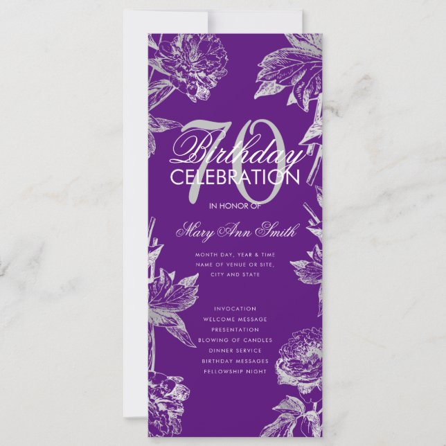 Glam Floral 70 Birthday Program Silver Purple Menu (Front)