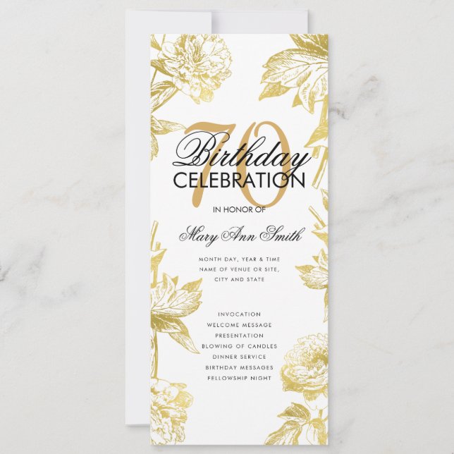 Glam Floral 70th Birthday Program Gold Menu (Front)