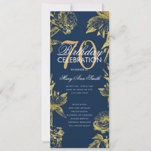 Glam Floral 70th Birthday Program Gold Navy Menu