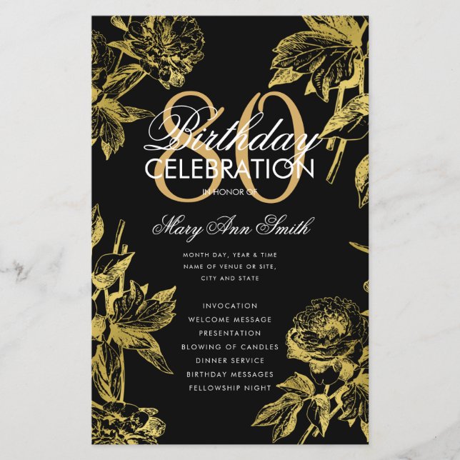 Glam Floral 80th Birthday Program Gold Black Menu (Front)