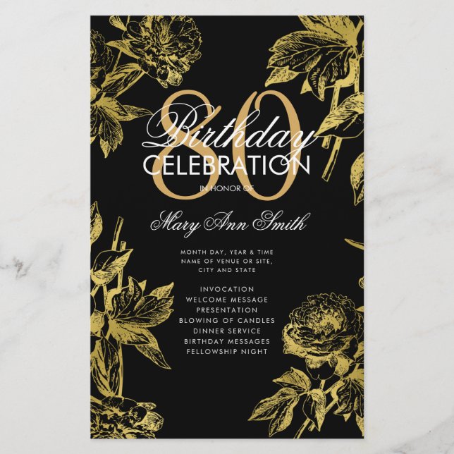 Glam Floral 80th Birthday Program Gold Black Menu (Front)