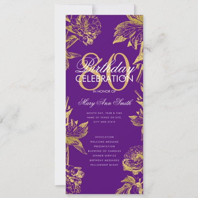 Glam Floral 80th Birthday Program Gold Purple Menu (Front)