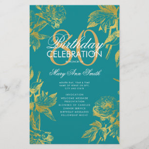 Glam Floral 80th Birthday Program Gold Teal Menu