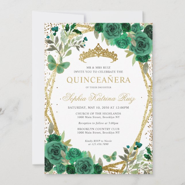 Glam Floral Emerald Green Gold QR Code Quinceañera Invitation (Front)