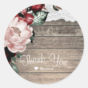 Glam Floral Rustic Wood & Lace Barn Wedding Classic Round Sticker