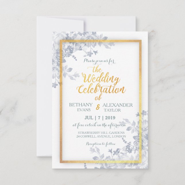 Glam Flowers Gold Frame Calligraphy Wedding Invite (Front)